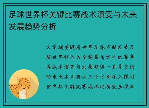 足球世界杯关键比赛战术演变与未来发展趋势分析