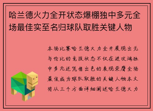 哈兰德火力全开状态爆棚独中多元全场最佳实至名归球队取胜关键人物